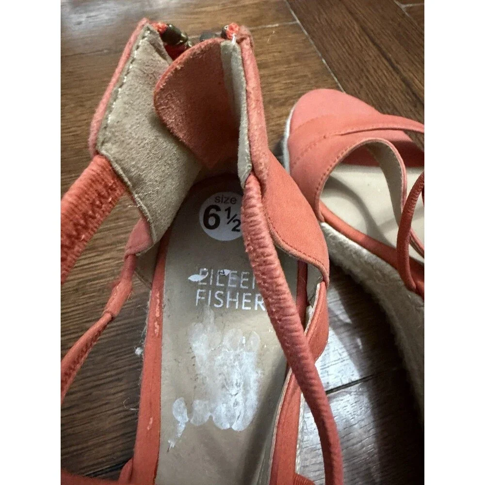 New! Eileen Fisher Wanda Orange Strappy Leather Espadrille Wedge Sandals 6.5